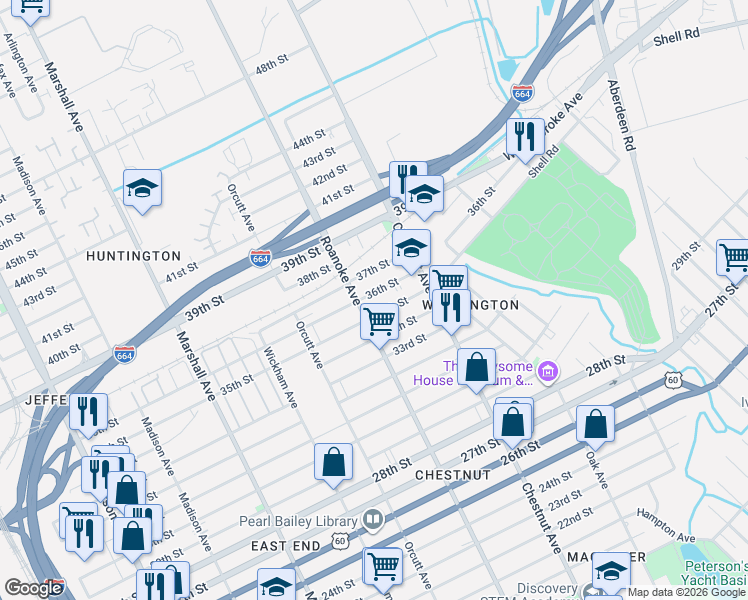 map of restaurants, bars, coffee shops, grocery stores, and more near 3506 Roanoke Avenue in Newport News