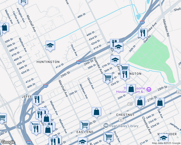 map of restaurants, bars, coffee shops, grocery stores, and more near 1001 37th Street in Newport News
