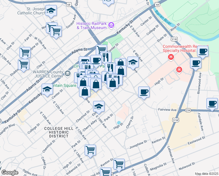 map of restaurants, bars, coffee shops, grocery stores, and more near 803 Chestnut Street in Bowling Green