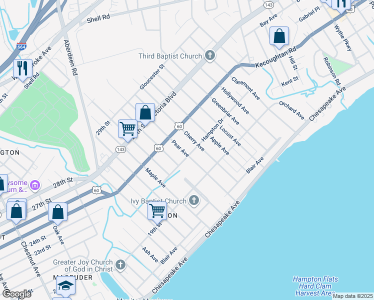 map of restaurants, bars, coffee shops, grocery stores, and more near 204 Pear Avenue in Hampton