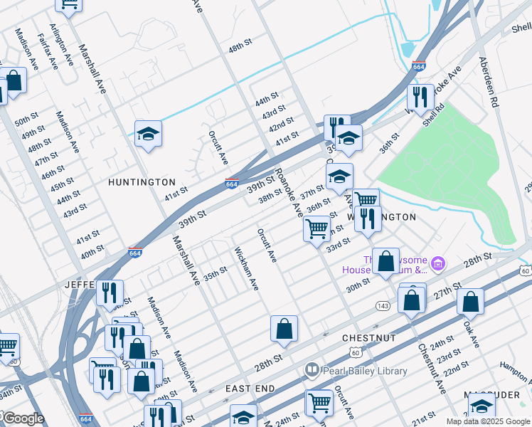 map of restaurants, bars, coffee shops, grocery stores, and more near 1001 37th Street in Newport News