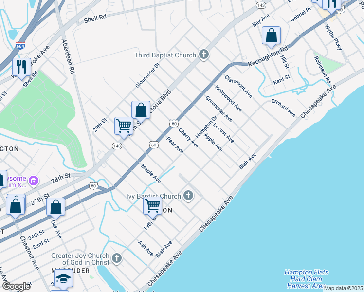 map of restaurants, bars, coffee shops, grocery stores, and more near 204 Pear Avenue in Hampton