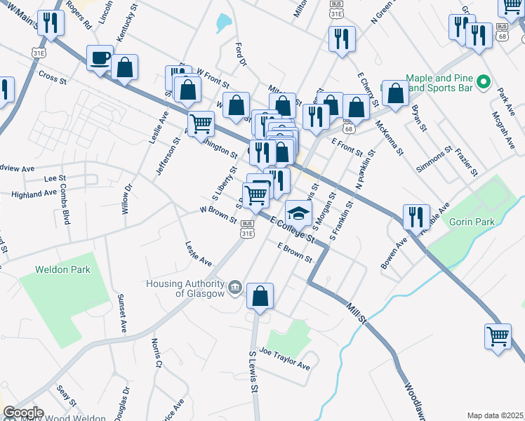 map of restaurants, bars, coffee shops, grocery stores, and more near 400 South Broadway Street in Glasgow