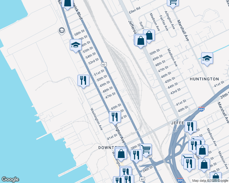 map of restaurants, bars, coffee shops, grocery stores, and more near 341 47th Street in Newport News
