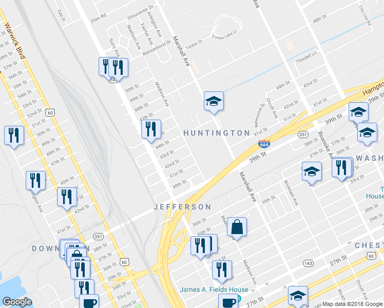 map of restaurants, bars, coffee shops, grocery stores, and more near 4122 Madison Avenue in Newport News