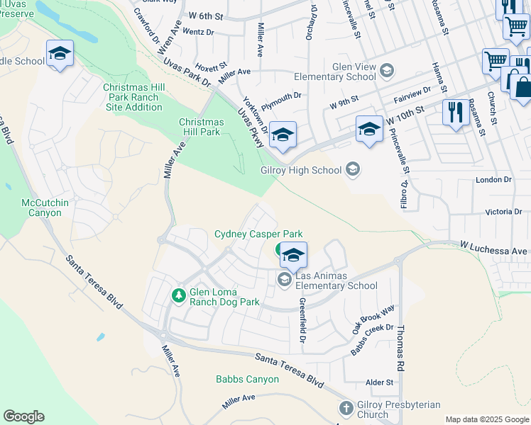 map of restaurants, bars, coffee shops, grocery stores, and more near De Anza Place & Bogiala Way in Gilroy