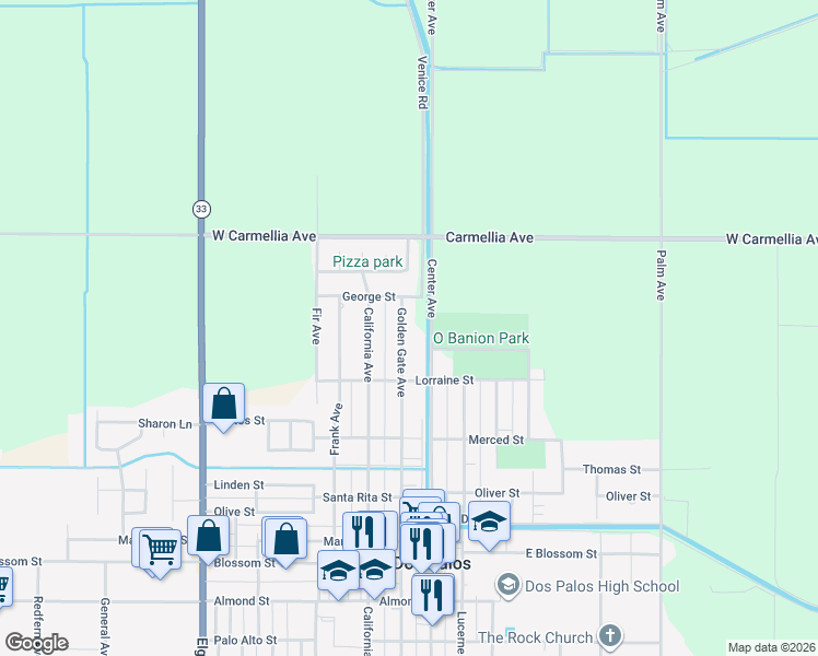 map of restaurants, bars, coffee shops, grocery stores, and more near 849 Golden Gate Avenue in Dos Palos