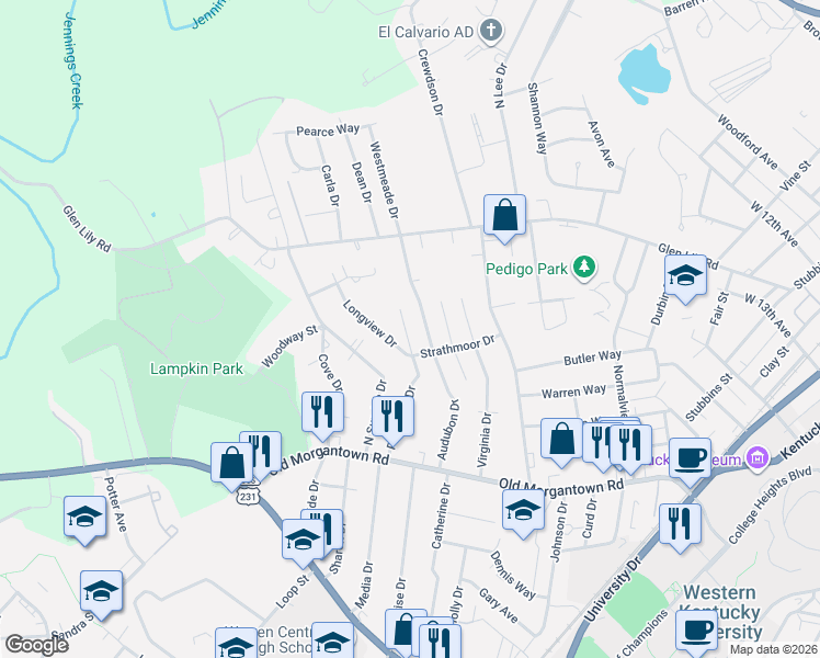map of restaurants, bars, coffee shops, grocery stores, and more near 1427 Audubon Drive in Bowling Green