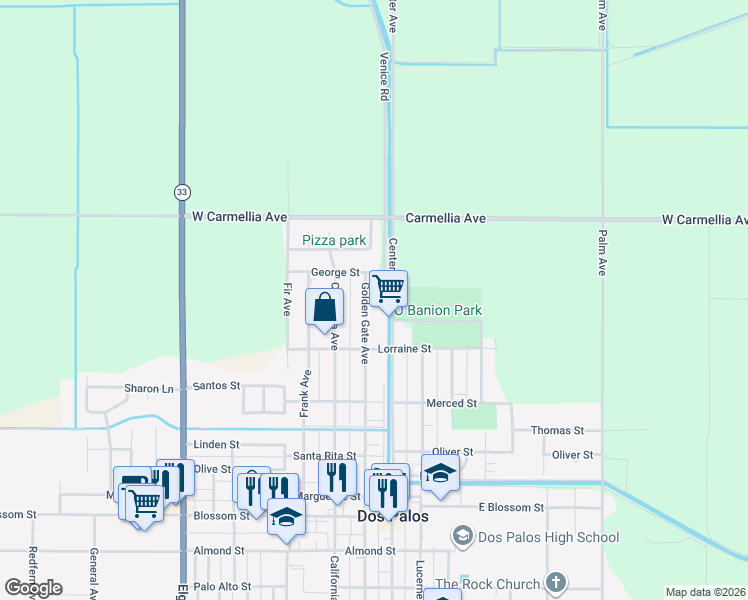 map of restaurants, bars, coffee shops, grocery stores, and more near 849 Golden Gate Avenue in Dos Palos