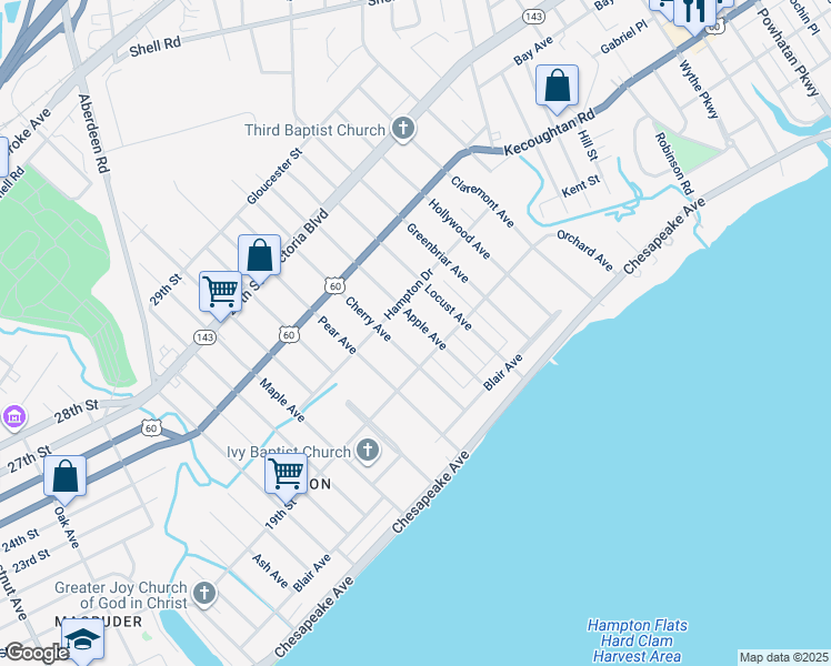 map of restaurants, bars, coffee shops, grocery stores, and more near 123 Apple Avenue in Hampton