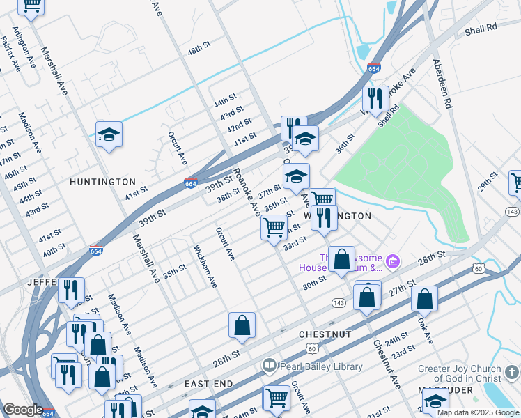 map of restaurants, bars, coffee shops, grocery stores, and more near 3600 Roanoke Avenue in Newport News