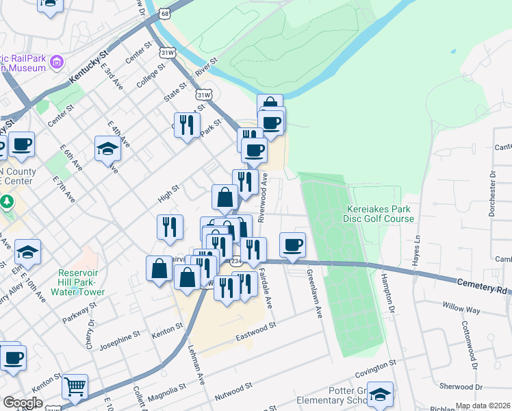 map of restaurants, bars, coffee shops, grocery stores, and more near 124 Riverwood Avenue in Bowling Green