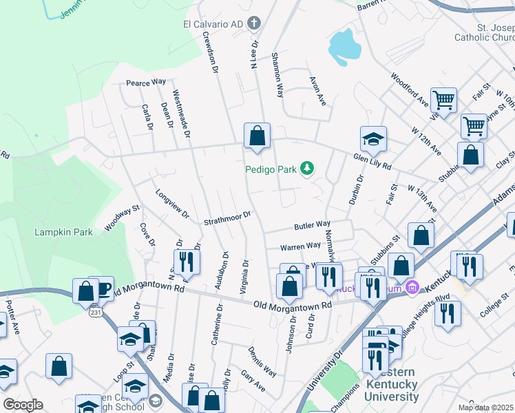 map of restaurants, bars, coffee shops, grocery stores, and more near 1505 Collegeview Drive in Bowling Green