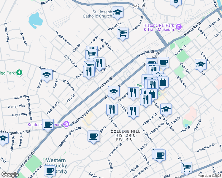 map of restaurants, bars, coffee shops, grocery stores, and more near 1151 Kentucky Street in Bowling Green