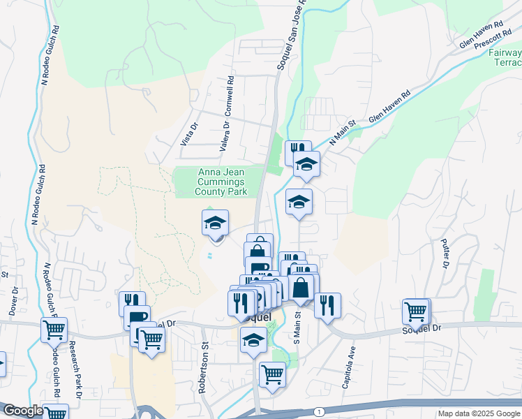 map of restaurants, bars, coffee shops, grocery stores, and more near 405 Soquel San Jose Road in Soquel