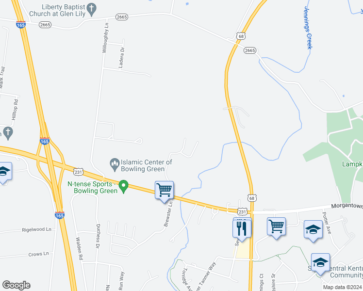 map of restaurants, bars, coffee shops, grocery stores, and more near 525 Walnut Creek Drive in Bowling Green