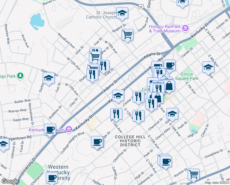 map of restaurants, bars, coffee shops, grocery stores, and more near 1167 Kentucky Street in Bowling Green