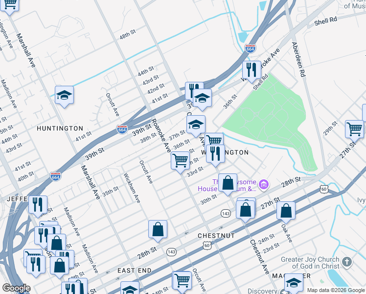 map of restaurants, bars, coffee shops, grocery stores, and more near 1136 35th Street in Newport News