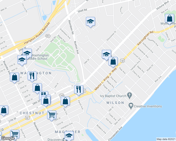 map of restaurants, bars, coffee shops, grocery stores, and more near 364 Poplar Avenue in Newport News