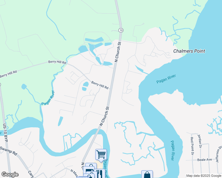 map of restaurants, bars, coffee shops, grocery stores, and more near 601 North Church Street in Smithfield