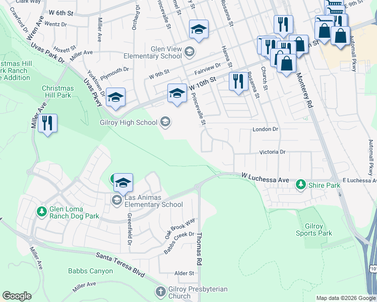 map of restaurants, bars, coffee shops, grocery stores, and more near Levee in Gilroy