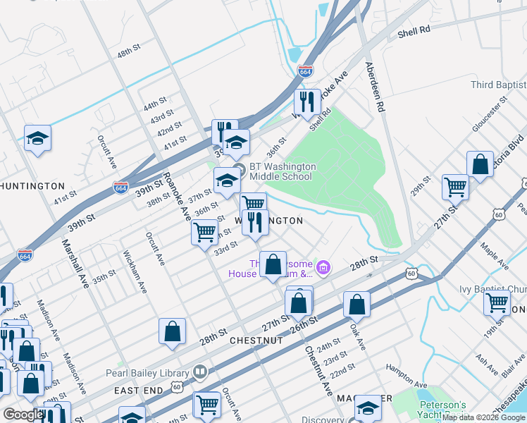 map of restaurants, bars, coffee shops, grocery stores, and more near 3300 Oak Avenue in Newport News