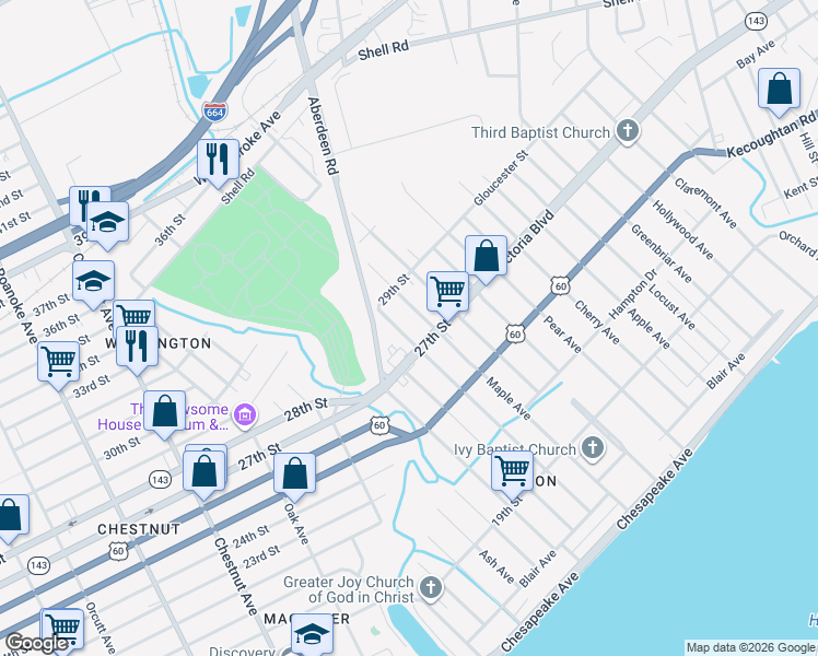 map of restaurants, bars, coffee shops, grocery stores, and more near 1700 Virginia 143 in Newport News