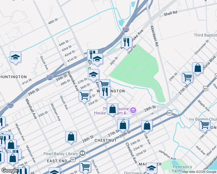 map of restaurants, bars, coffee shops, grocery stores, and more near 3300 Oak Avenue in Newport News