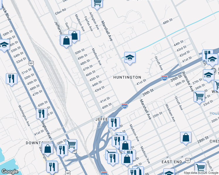 map of restaurants, bars, coffee shops, grocery stores, and more near 4107 Madison Avenue in Newport News