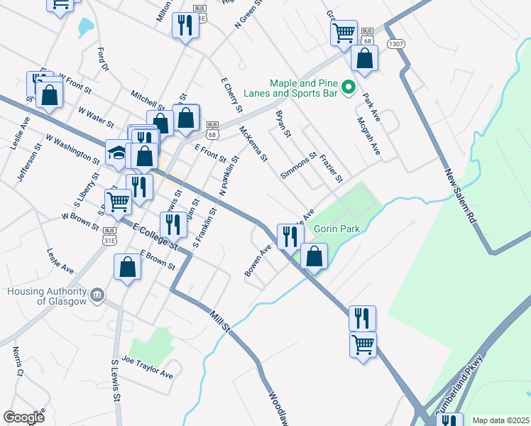 map of restaurants, bars, coffee shops, grocery stores, and more near 600-610 E Main St in Glasgow