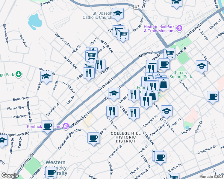 map of restaurants, bars, coffee shops, grocery stores, and more near 1167 Kentucky Street in Bowling Green