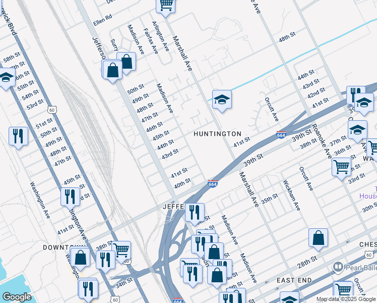 map of restaurants, bars, coffee shops, grocery stores, and more near 4207 Madison Avenue in Newport News