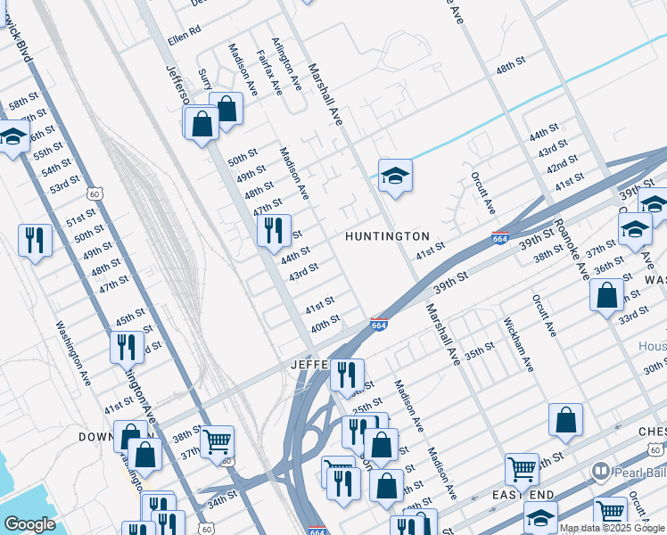 map of restaurants, bars, coffee shops, grocery stores, and more near 4207 Madison Avenue in Newport News