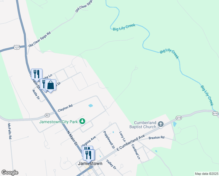map of restaurants, bars, coffee shops, grocery stores, and more near 90 Y Street in Jamestown