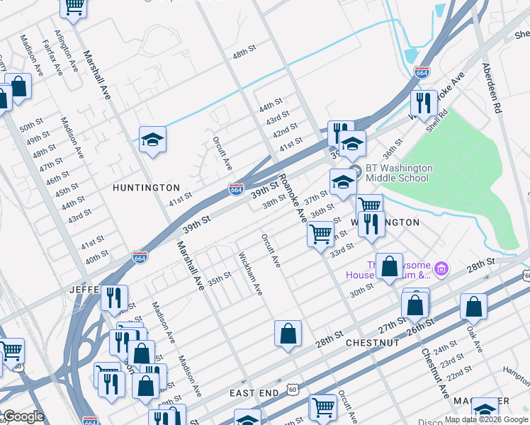 map of restaurants, bars, coffee shops, grocery stores, and more near 1001 37th Street in Newport News