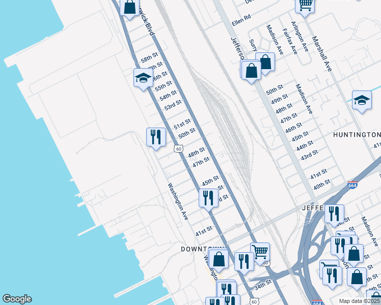 map of restaurants, bars, coffee shops, grocery stores, and more near 317 48th Street in Newport News
