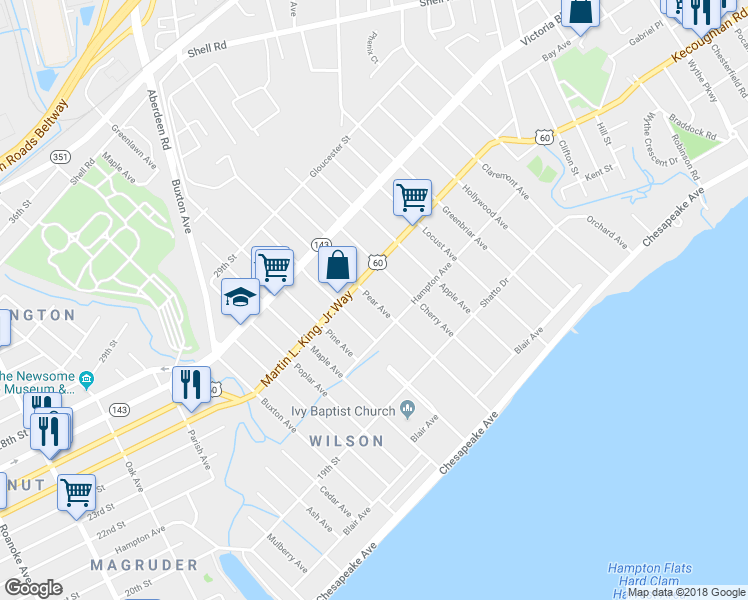 map of restaurants, bars, coffee shops, grocery stores, and more near 221 Pear Avenue in Newport News