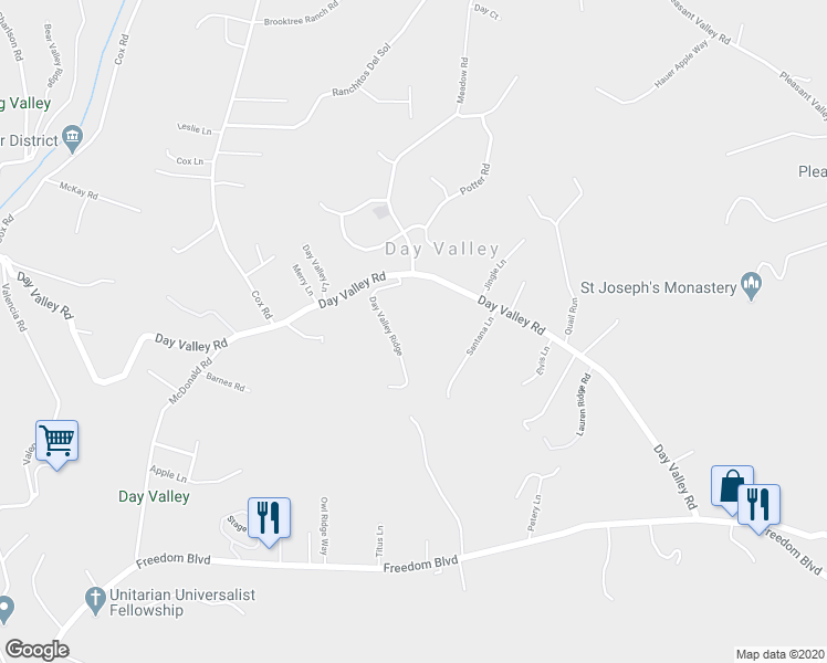 map of restaurants, bars, coffee shops, grocery stores, and more near 1250 Day Valley Ridge in Aptos