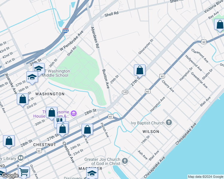 map of restaurants, bars, coffee shops, grocery stores, and more near 381 Poplar Avenue in Newport News