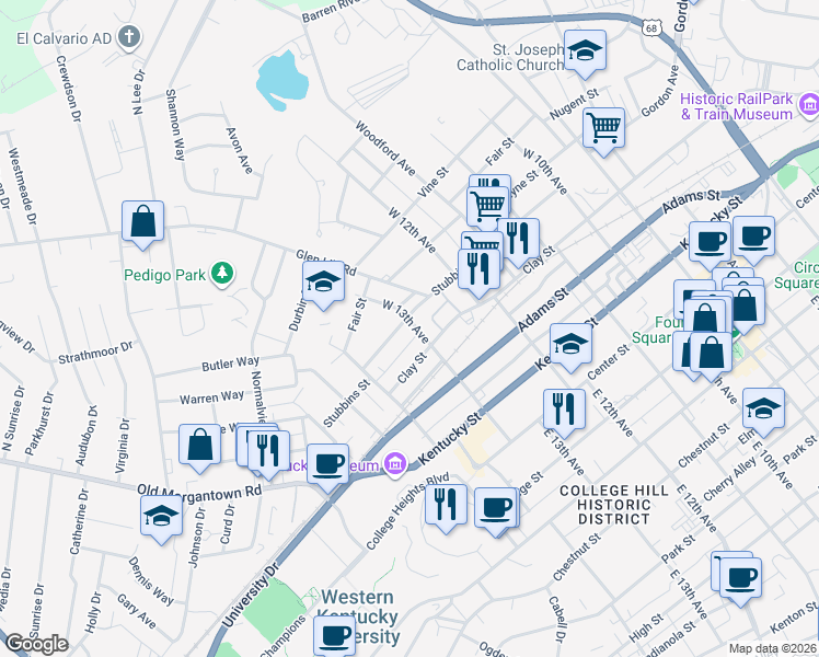 map of restaurants, bars, coffee shops, grocery stores, and more near 1317 Clay Street in Bowling Green