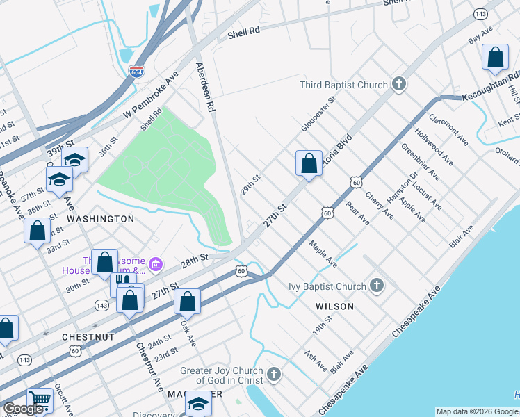 map of restaurants, bars, coffee shops, grocery stores, and more near 1700 Virginia 143 in Newport News