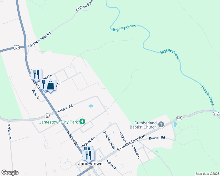 map of restaurants, bars, coffee shops, grocery stores, and more near 90 Y Street in Jamestown