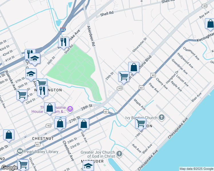 map of restaurants, bars, coffee shops, grocery stores, and more near 381 Poplar Avenue in Newport News
