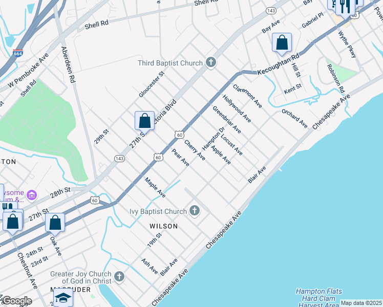map of restaurants, bars, coffee shops, grocery stores, and more near 209 Cherry Avenue in Hampton