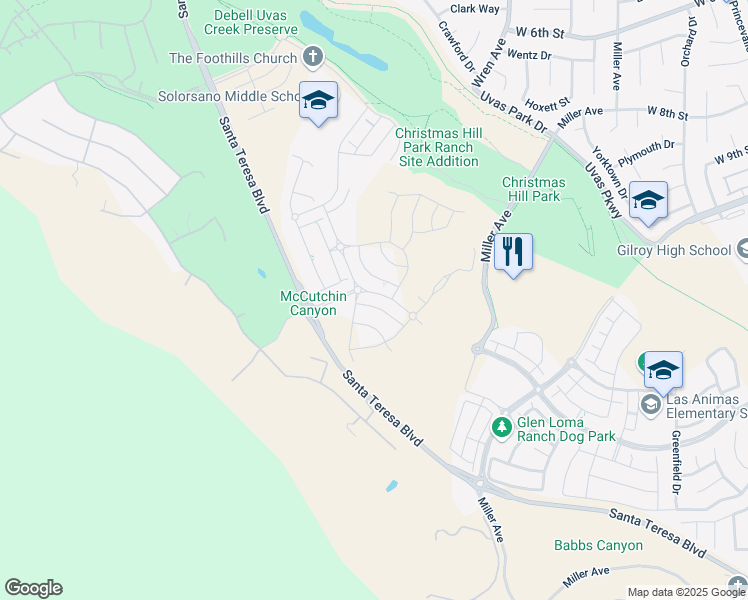 map of restaurants, bars, coffee shops, grocery stores, and more near 1530 Hurka Way in Gilroy