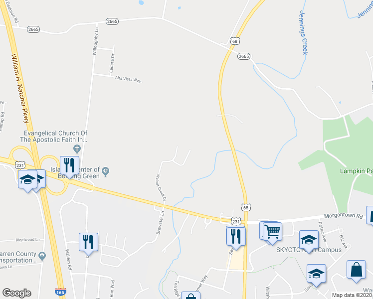 map of restaurants, bars, coffee shops, grocery stores, and more near 301 Walnut Creek Court in Bowling Green