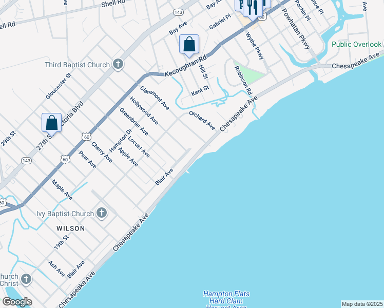 map of restaurants, bars, coffee shops, grocery stores, and more near 1201 Chesapeake Ave in Hampton