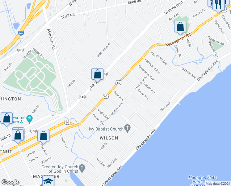 map of restaurants, bars, coffee shops, grocery stores, and more near 229 Pear Avenue in Newport News