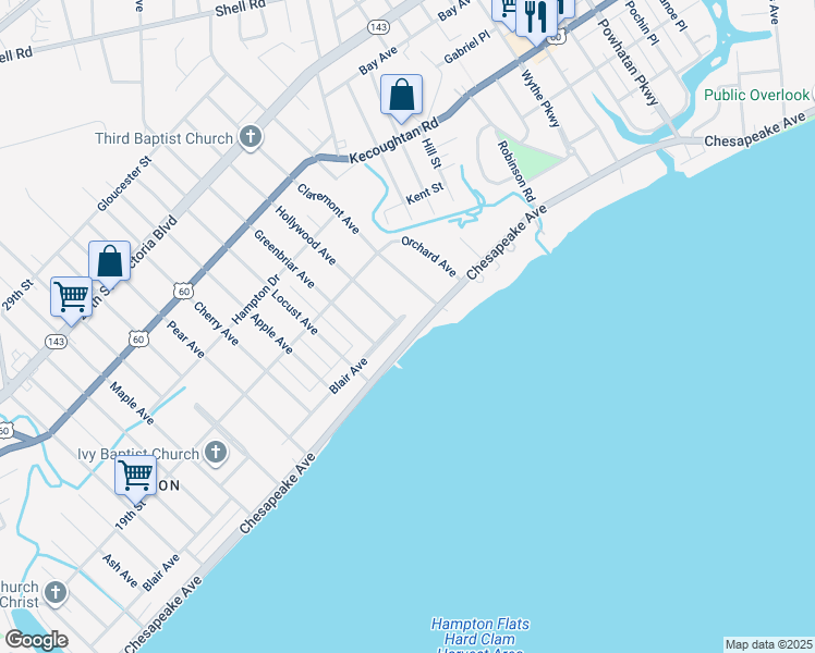 map of restaurants, bars, coffee shops, grocery stores, and more near 1201 Chesapeake Ave in Hampton