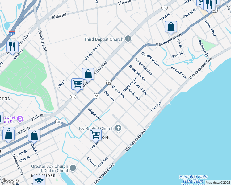 map of restaurants, bars, coffee shops, grocery stores, and more near 228 Cherry Avenue in Hampton